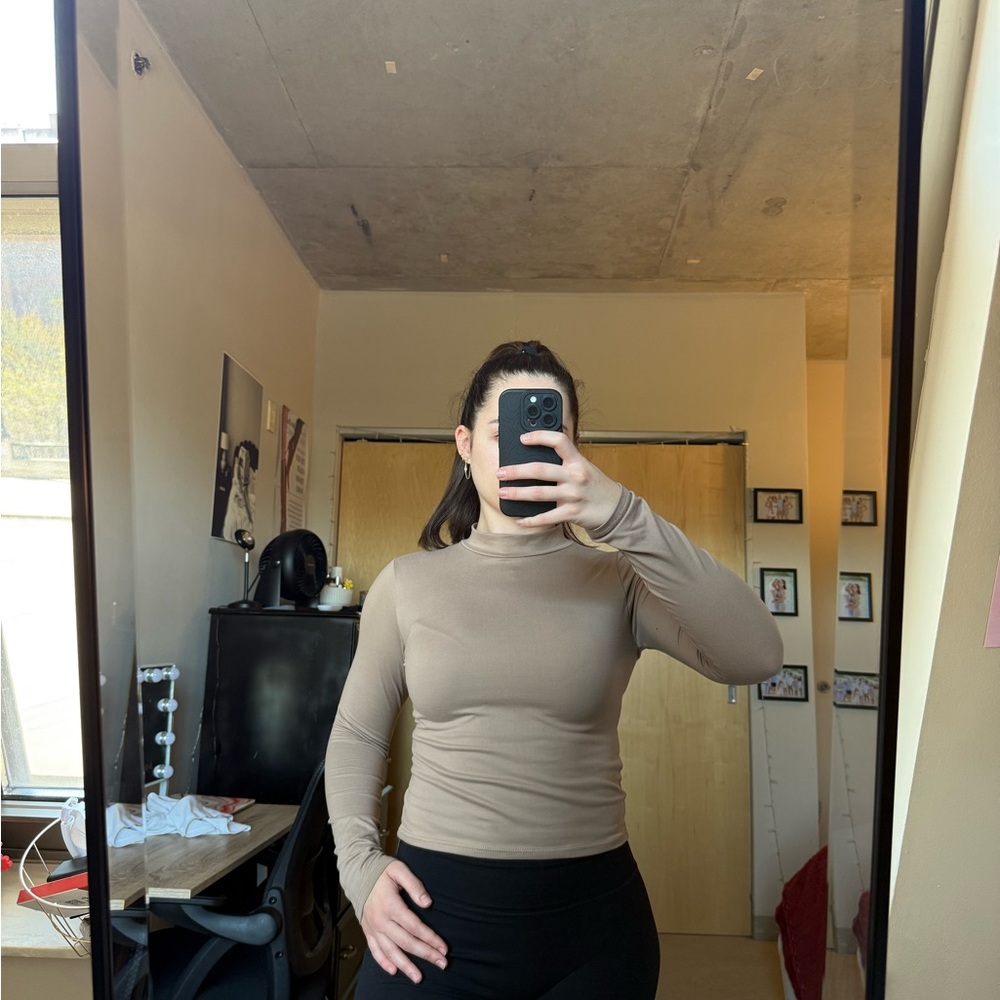Women's Tan Long Sleeve Top with Mock Neck